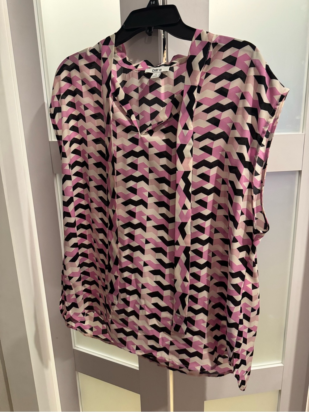 Bar III Pink & Black Geometric Tie-Neck Blouse